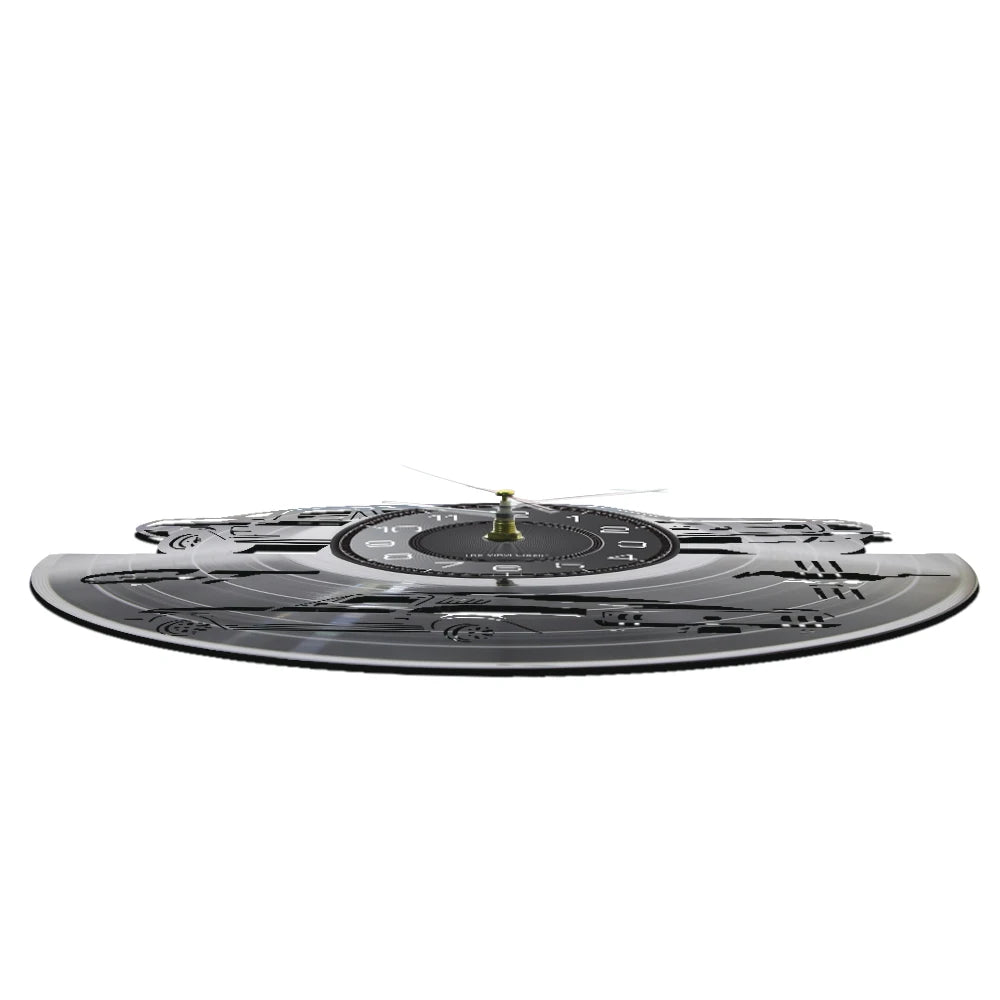 A vinyl record sports car wall clock with a black disc and gold accents.