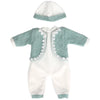 A white doll outfit set including a matching hat and light mint green fabric with white floral trim.