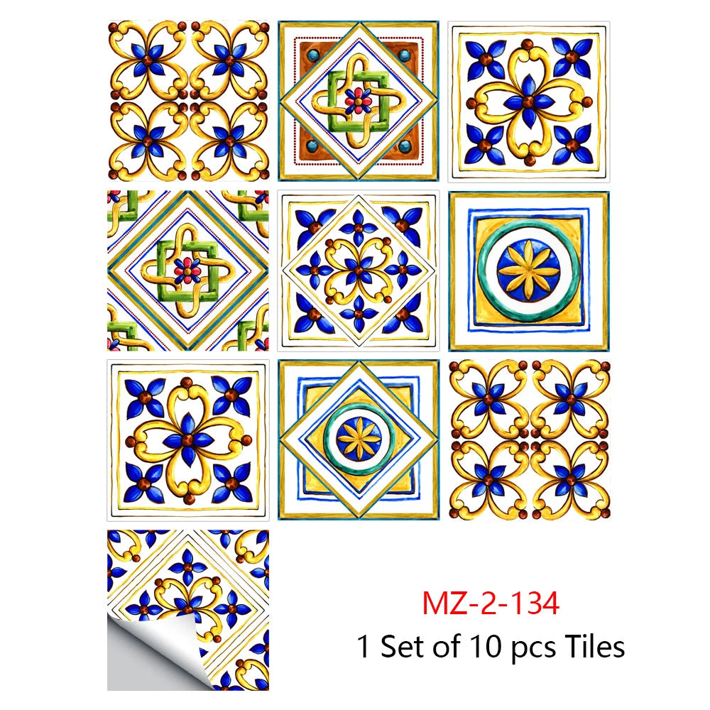 A set of ten colorful mandala tiles featuring floral patterns in blue, yellow, and green for decorative wall art
