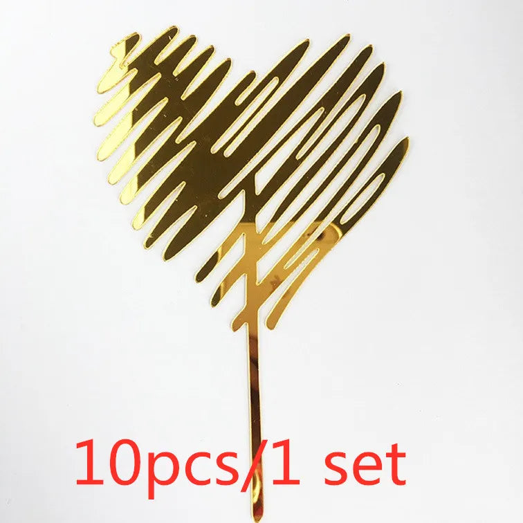 A set of ten gold acrylic heart-shaped cake toppers with a textured design.