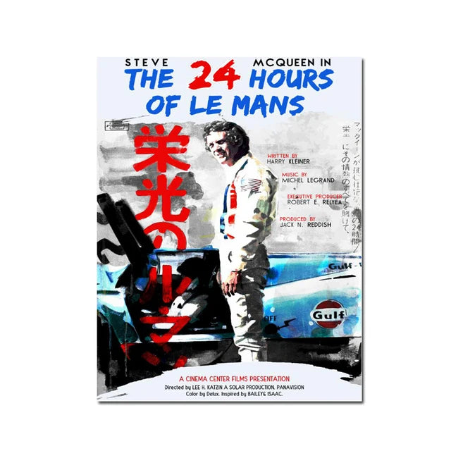 A poster for Steve McQueen in The 24 Hours of Le Mans featuring a black and white image.