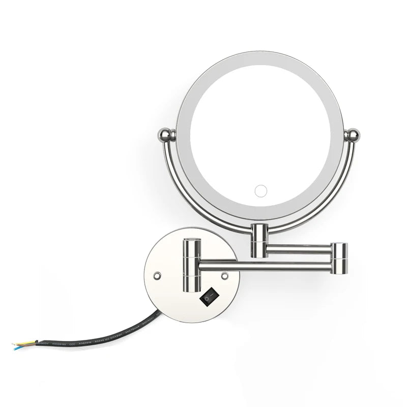 A wall-mounted LED makeup mirror with a circular frame and a silver arm for magnification.