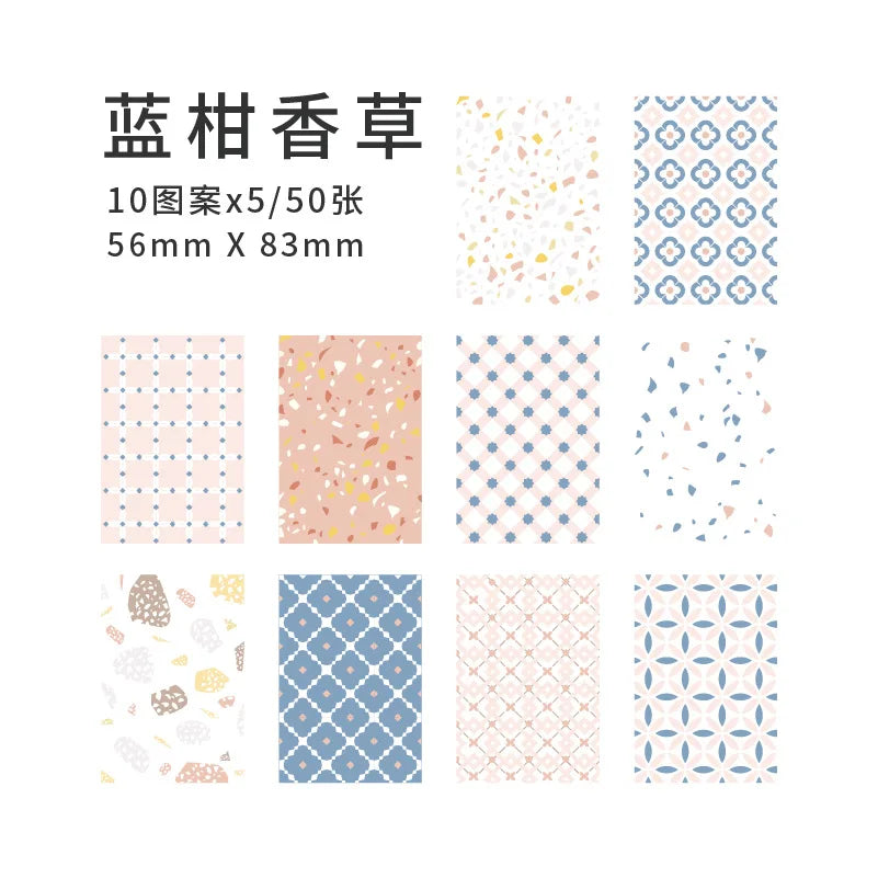 A collection of decorative patterned paper sheets for journal and craft use in various pastel and blue tones.