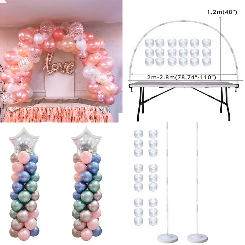 A display of pink and iridescent balloons arranged in a curved arch shape on a stand.