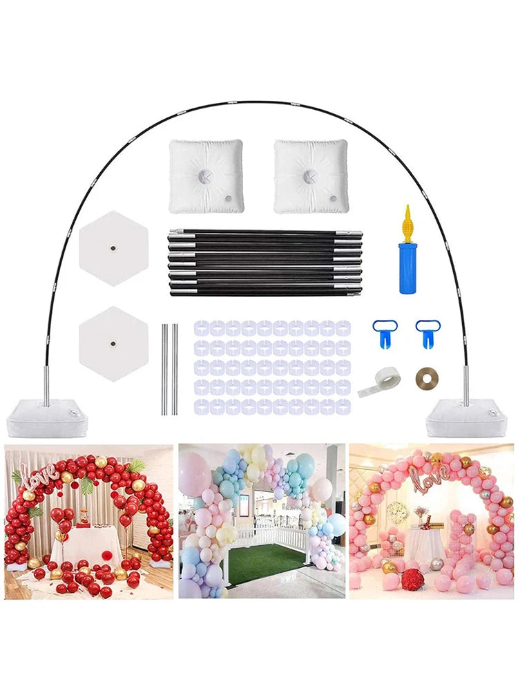 A reusable balloon arch kit featuring a stand, decorative pillows, and various balloon shapes for parties and events.