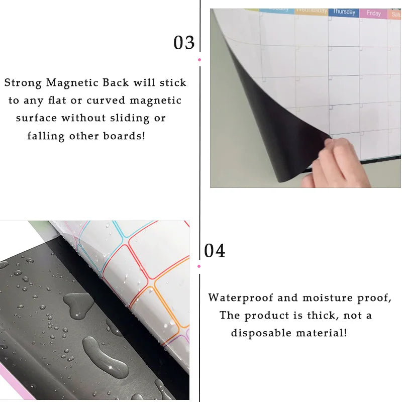 Close-up of an A3 magnetic dry erase planner showing a weekly calendar layout and water droplets on the surface.