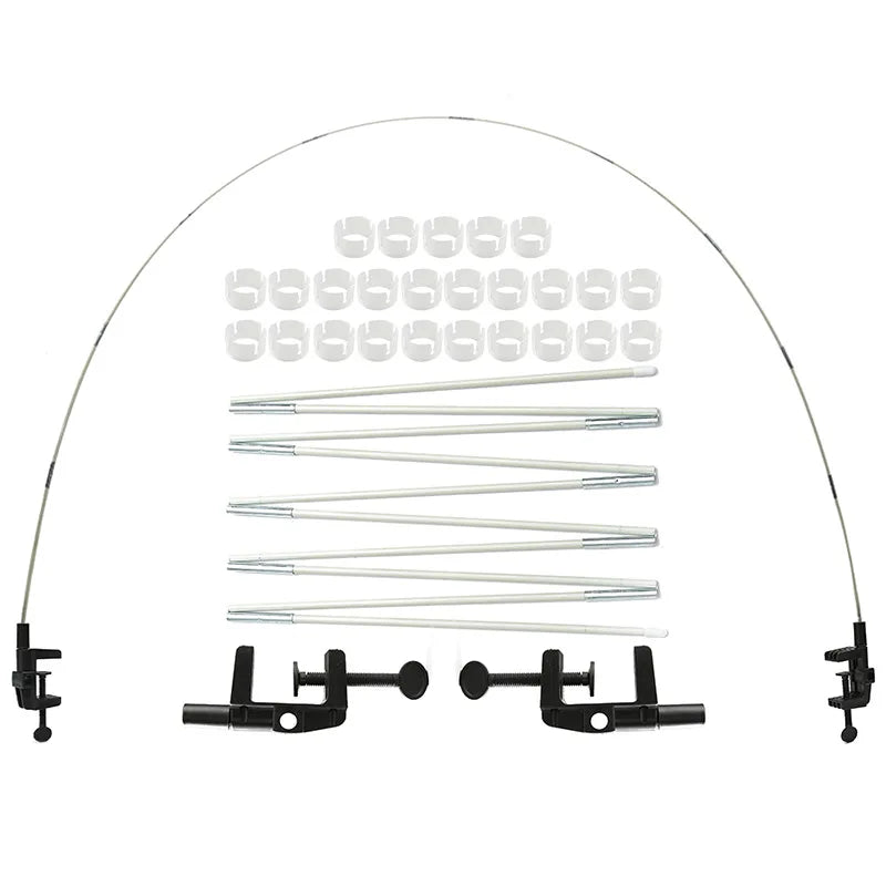 A clear reusable balloon arch kit with various sticks and holders for creating decorative arches.