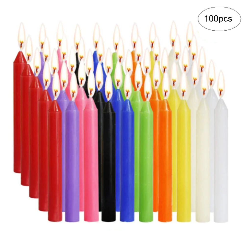 A collection of 100 pieces of colored mini taper candles in various shades including red, pink, purple, blue, green, orange, 