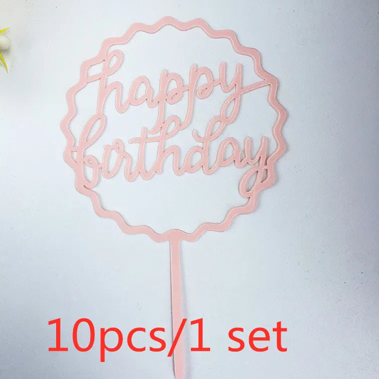 Pink acrylic birthday sign with happy birthday text on a stick