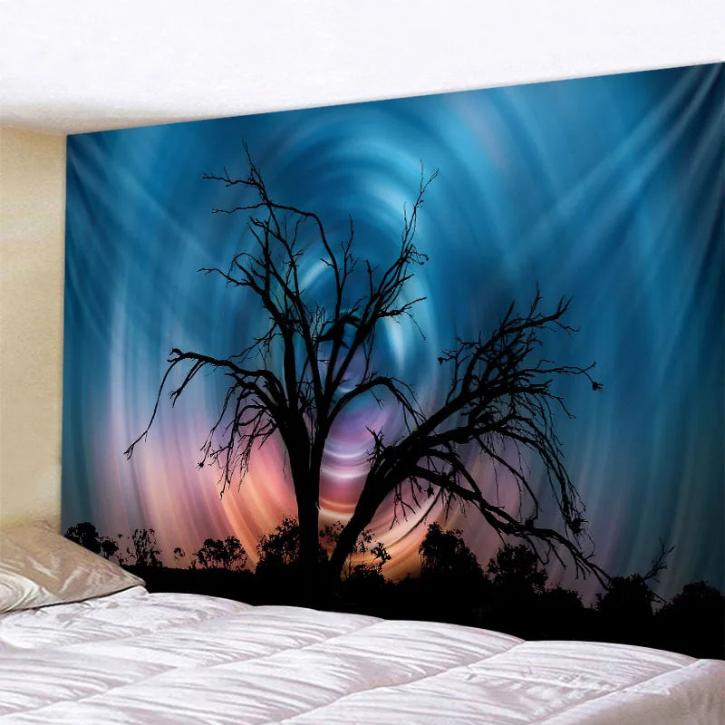 A tapestry depicting a silhouette of bare trees against a vibrant, swirling blue and purple Milky Way night sky.