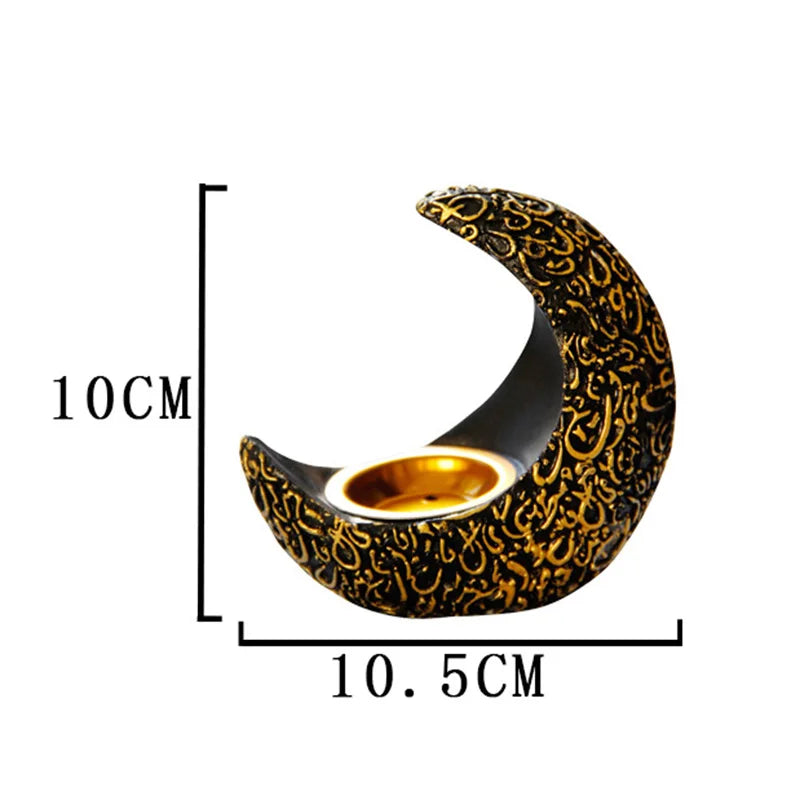 A black crescent-shaped resin incense burner with gold accents, shown with dimensions.