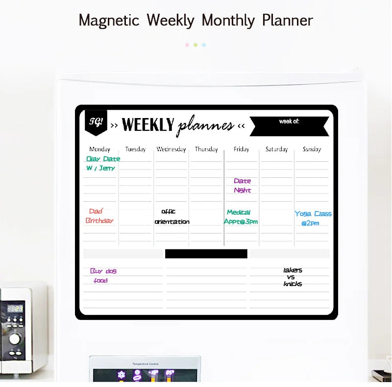 A magnetic weekly monthly planner showing weekly plans with space for daily entries and appointments