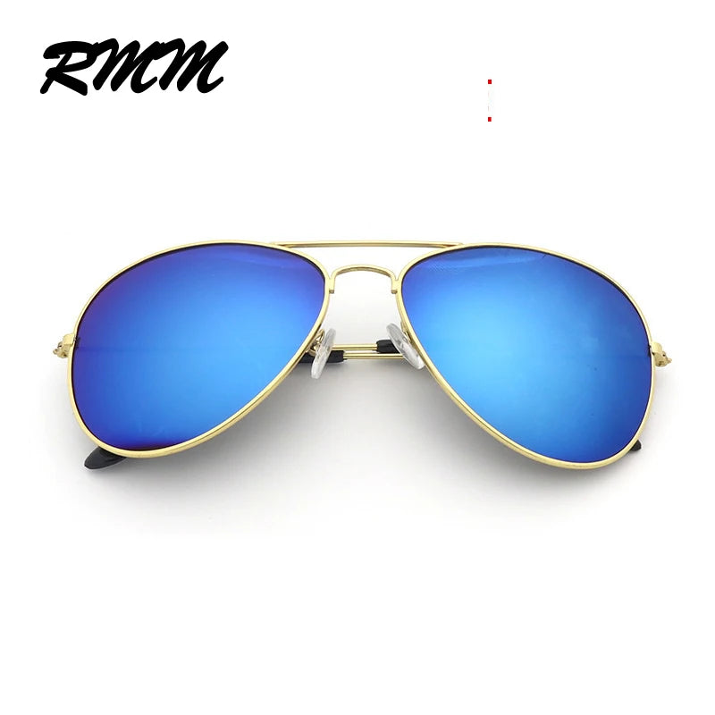 A pair of gold-framed pilot sunglasses with blue mirror lenses shown against a white background.