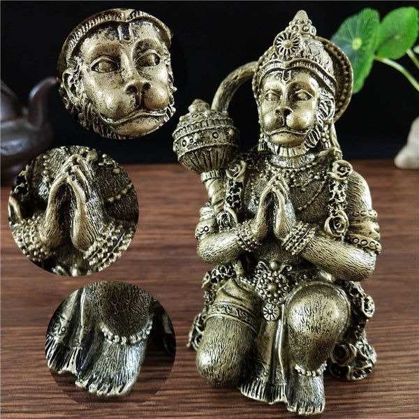 Bronze Hanuman statue featuring a monkey face, depicted in various poses and sizes for home decor.