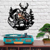 A black silhouette of a deer head and pine trees forms a wall clock design.