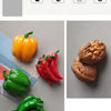 A set of realistic, colorful 3D fruit and vegetable fridge magnets including a yellow bell pepper, red chili peppers, and gre