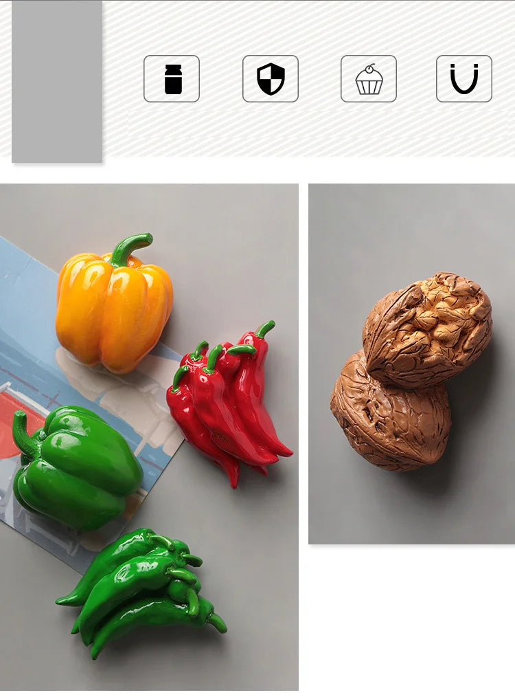 A set of realistic, colorful 3D fruit and vegetable fridge magnets including a yellow bell pepper, red chili peppers, and gre