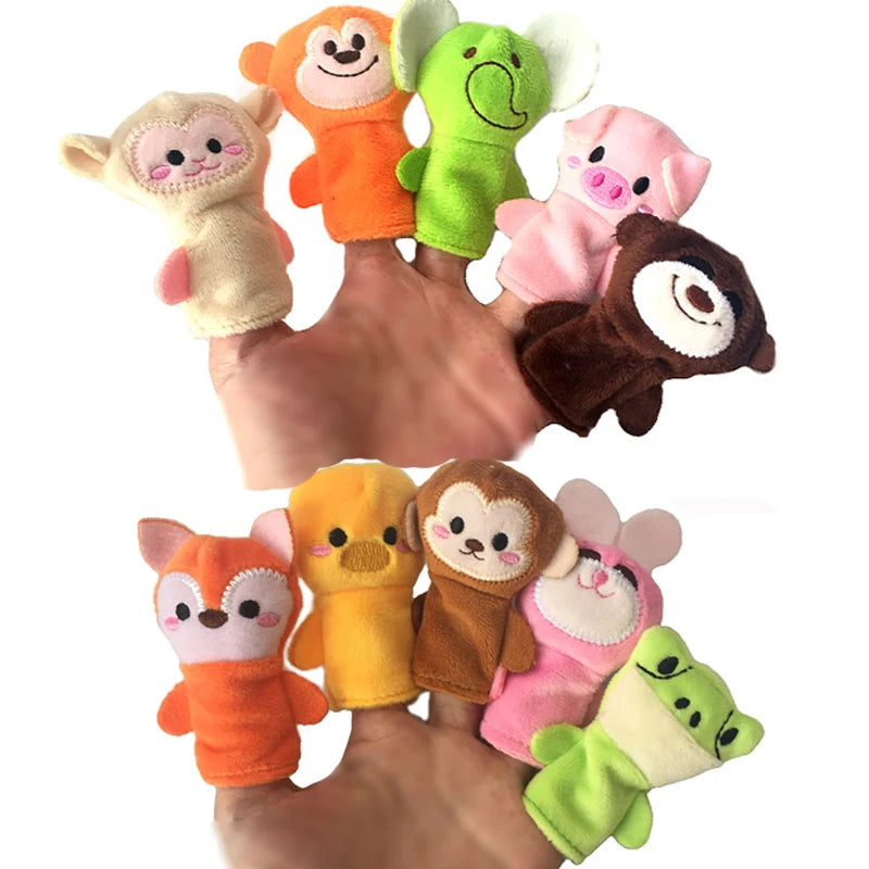 A hand holds a set of plush finger puppets featuring various animal characters like a pig, bear, and monkey.