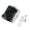 Black and white mesh toy hammock for stuffed animals and storage with metal hooks