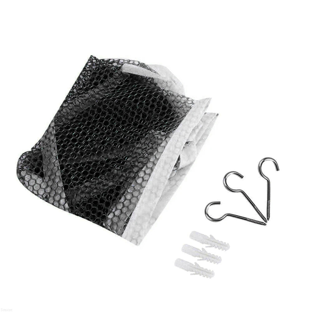 Black and white mesh toy hammock for stuffed animals and storage with metal hooks