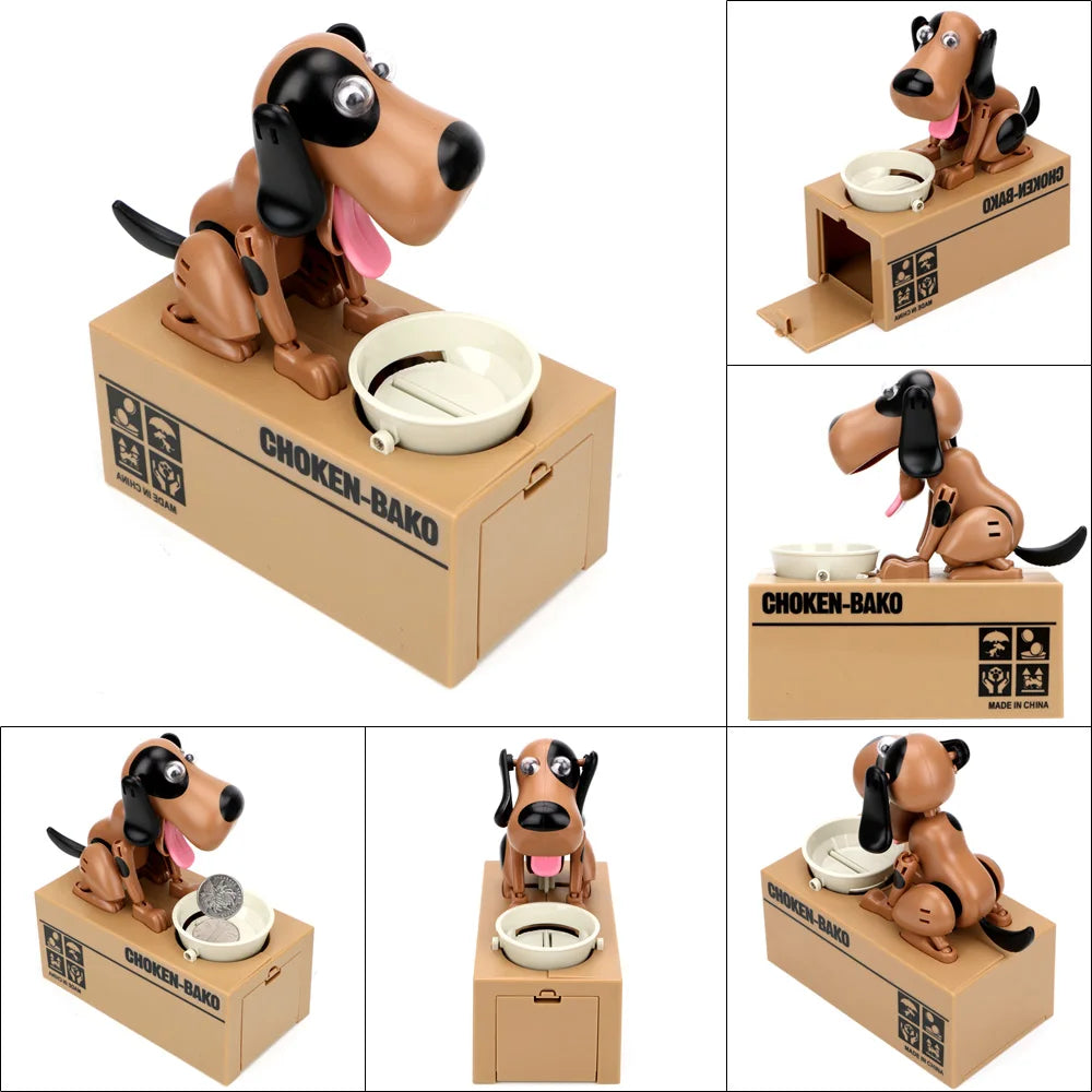 A set of automated robotic dog piggy banks in various sizes and colors, featuring a dog figure and a coin slot.