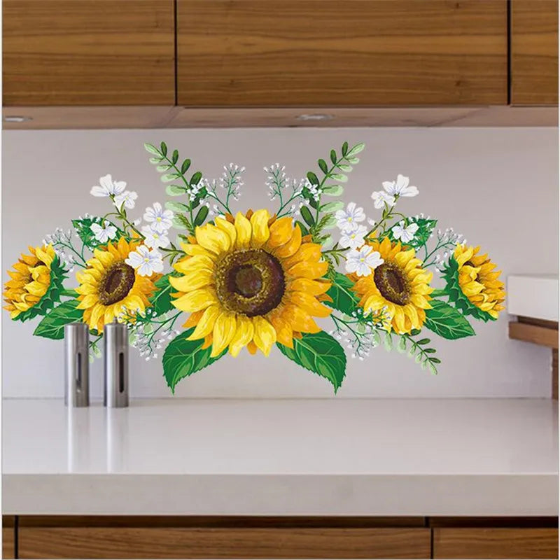 A floral arrangement of yellow sunflowers and white flowers displayed in a shelf setting.