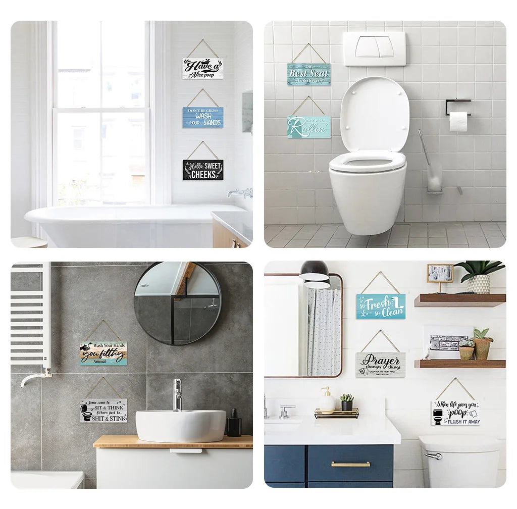 A collection of rustic wooden toilet wall signs and bathroom decor featuring various designs and finishes.