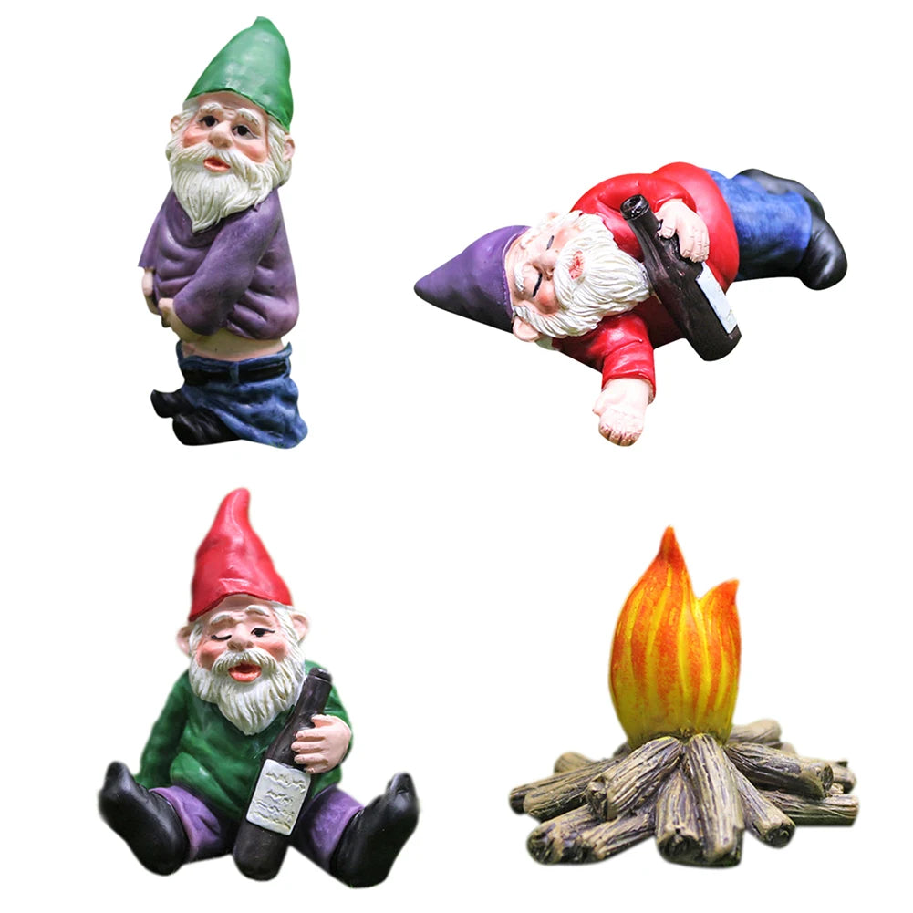 Three miniature resin gnome statues in various poses and colors for garden decor