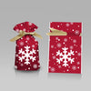 Red festive drawstring gift bags decorated with white snowflakes and Santa designs