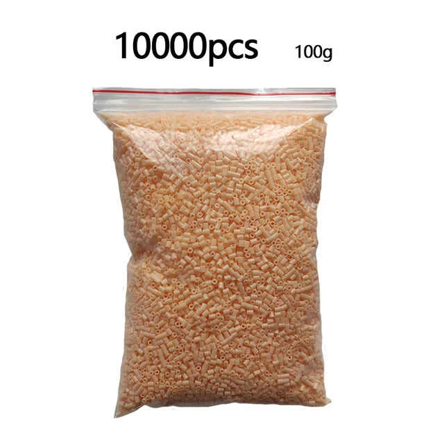 A clear plastic bag filled with 10,000 small, light orange or pinkish beads for craft projects.