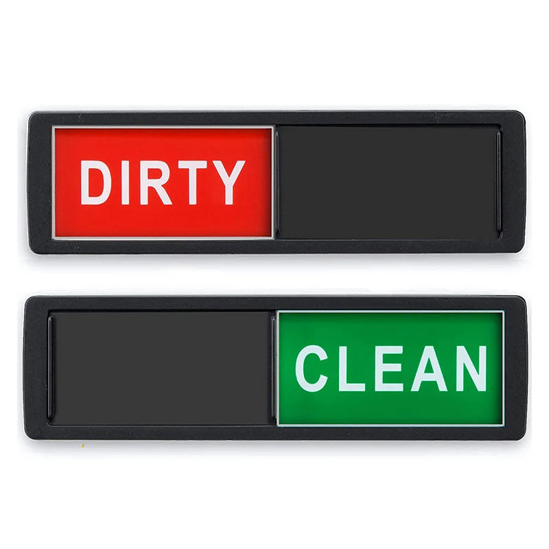 A pair of magnetic signs showing the words DIRTY in red and CLEAN in green.