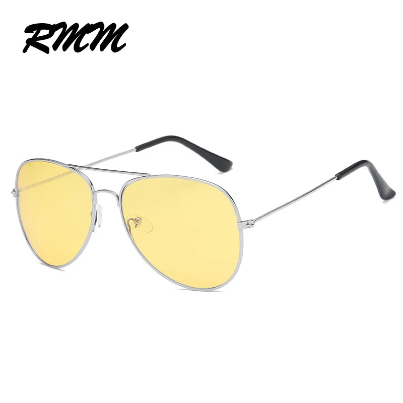 Yellow-tinted pilot sunglasses with black frames shown against a white background.