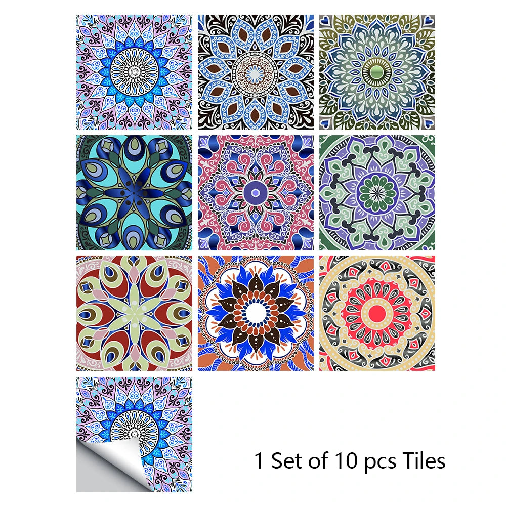 A set of ten colorful mandala tiles for decorative wall art