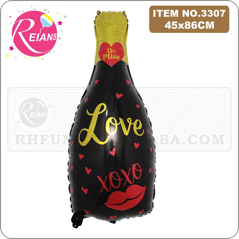 Black foil balloon shaped like a champagne bottle with a yellow heart and the word Love on it