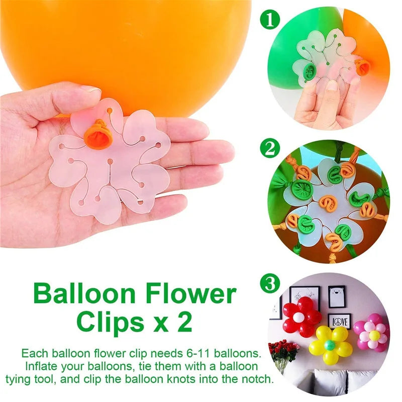 Two pink balloon flower clips shown being used to decorate balloons.