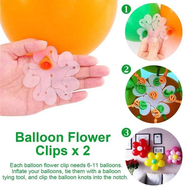 Two pink balloon flower clips shown being used to decorate balloons.