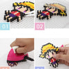 Four steps showing how to assemble a colorful fuse bead craft kit for DIY ironing projects