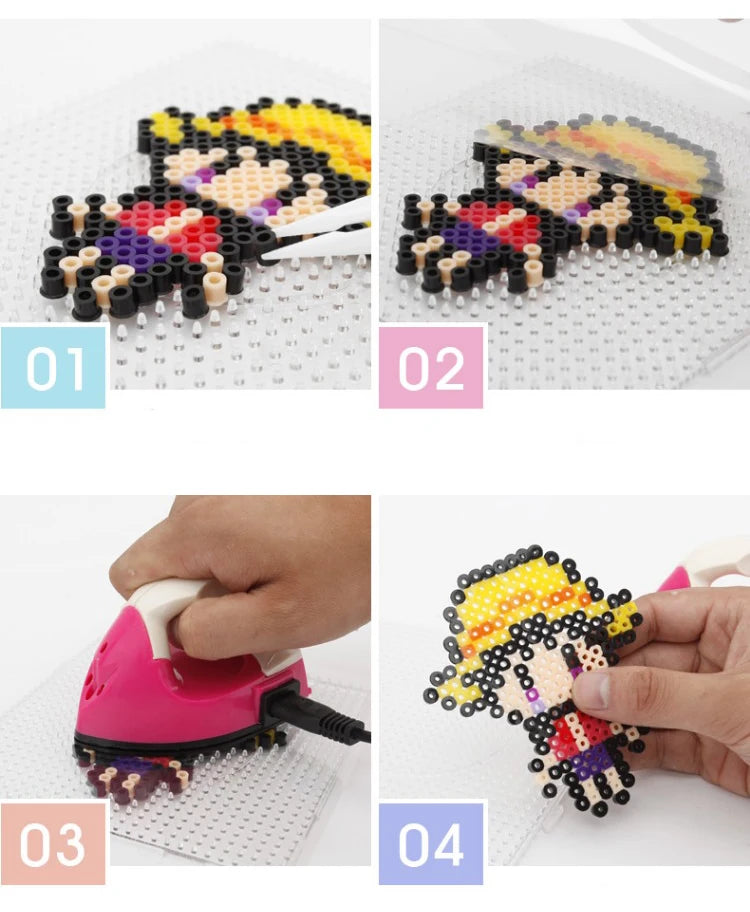 Four steps showing how to assemble a colorful fuse bead craft kit for DIY ironing projects