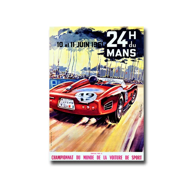 A vintage canvas poster featuring a race car and text about the 1961 24 Hours of Le Mans.