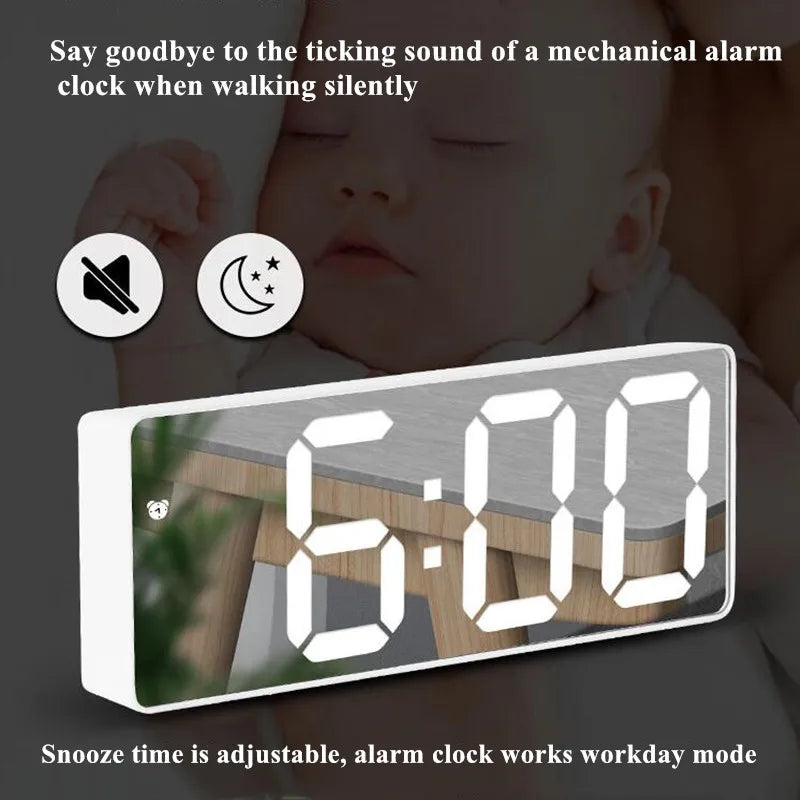 A digital alarm clock displaying 6:00 on a wooden surface, shown in use for silent waking.