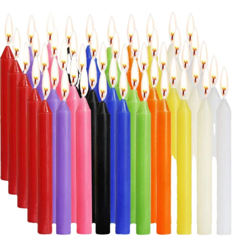 A collection of 100 colored mini taper candles in various shades including red, pink, purple, blue, green, orange, and yellow