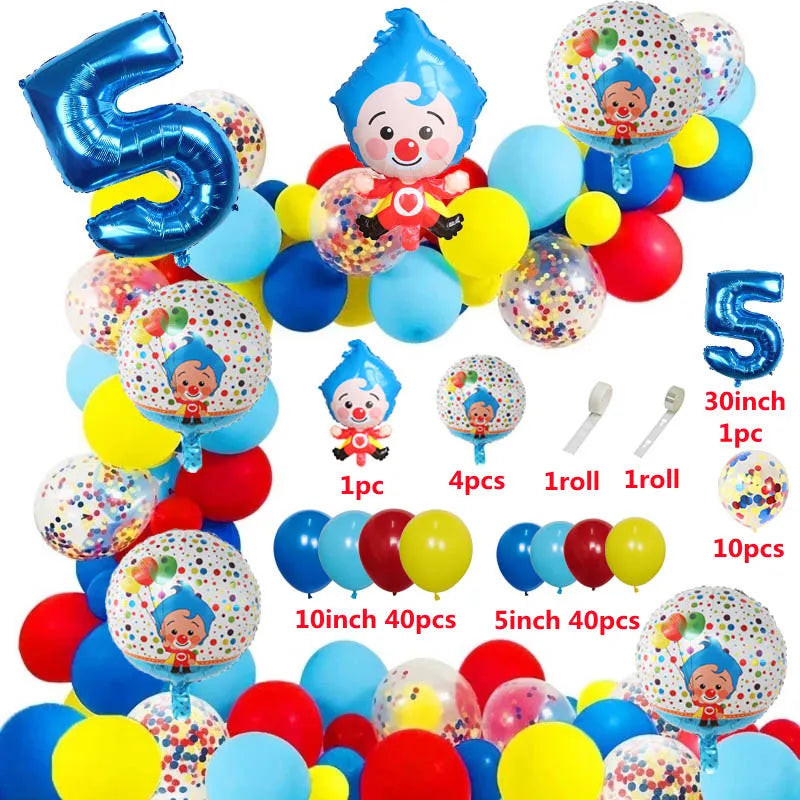 A colorful party balloon set featuring cartoon clown designs in various colors and sizes.