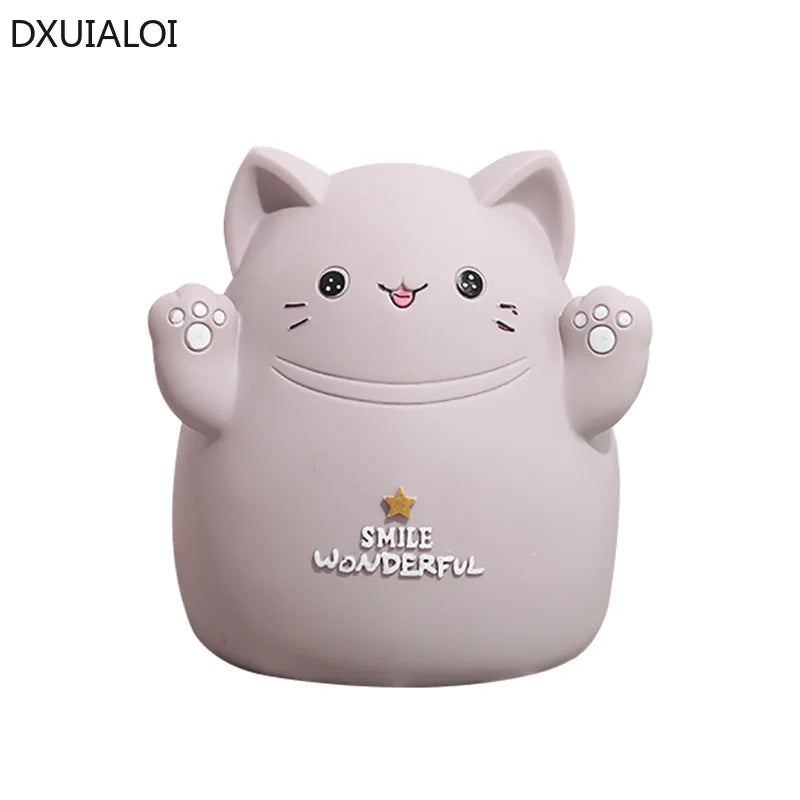 A cute, light pink cartoon cat figure designed as a piggy bank or money saving box.