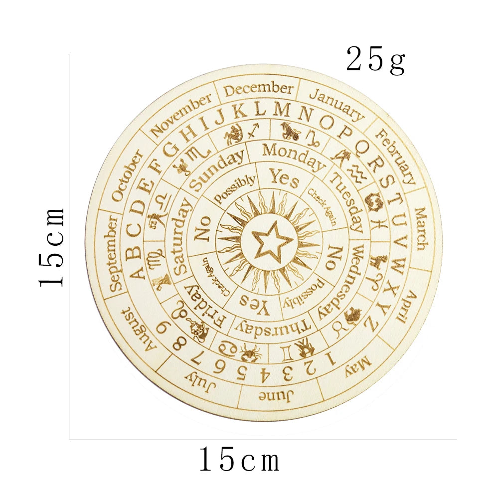 A circular wooden board marked with zodiac signs and months used for constellation pendulum divination.