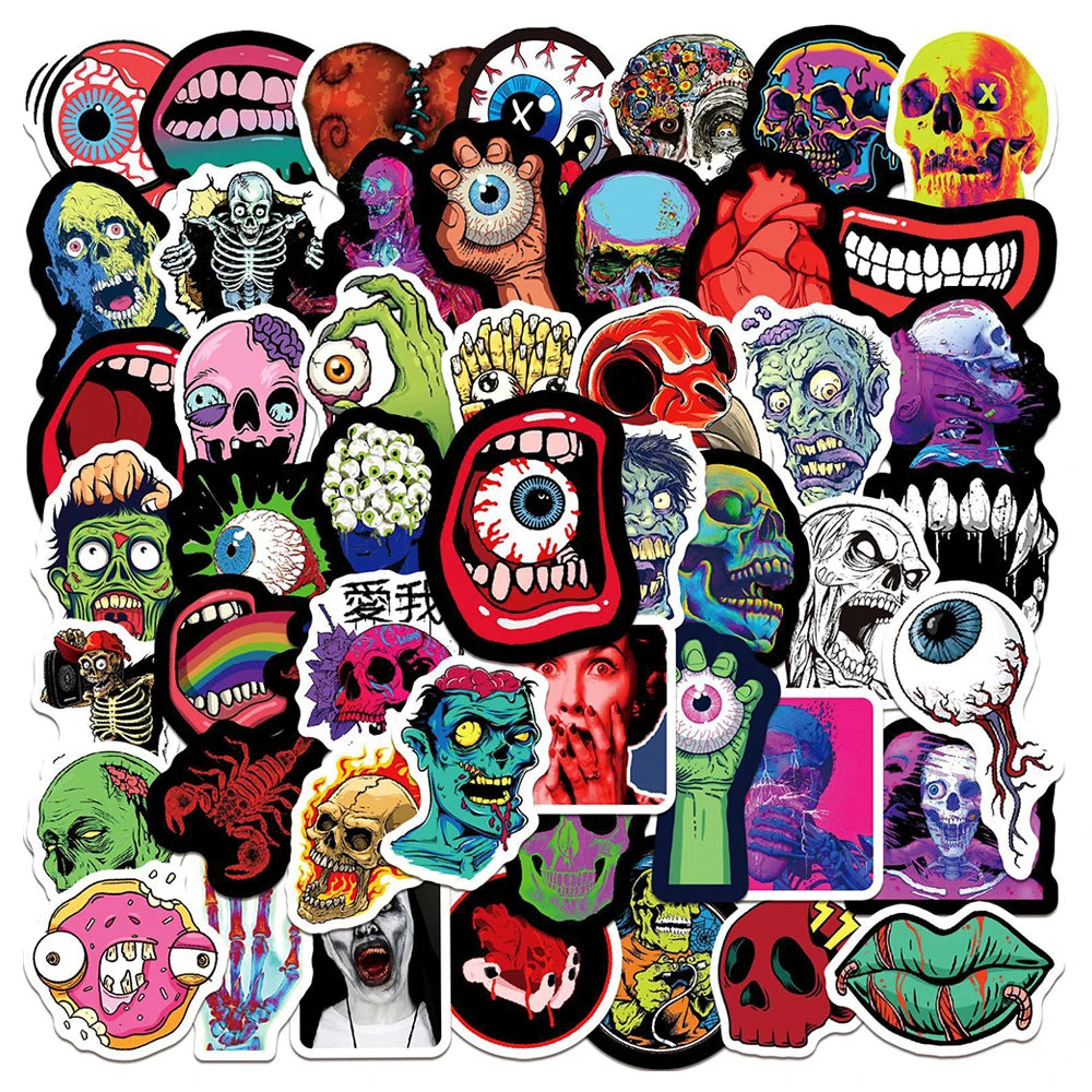 A collection of colorful horror skull and zombie decals for laptops and accessories.