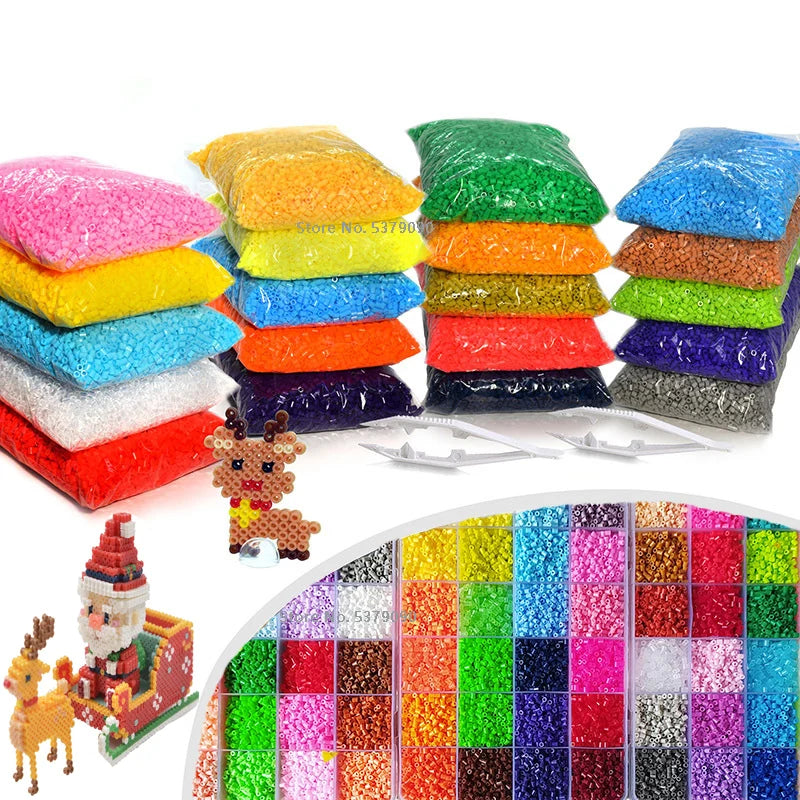 A variety of colorful fuse beads in various shades are displayed in bags and loose, ready for DIY crafting projects.