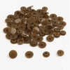 A pile of assorted brown snap buttons, measuring 12mm and 10.5mm, for crafting.
