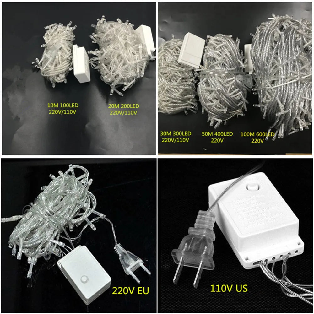 Various outdoor LED string lights are shown in different lengths and power outputs, including 10M, 20M, 30M, 50M, and 100M op