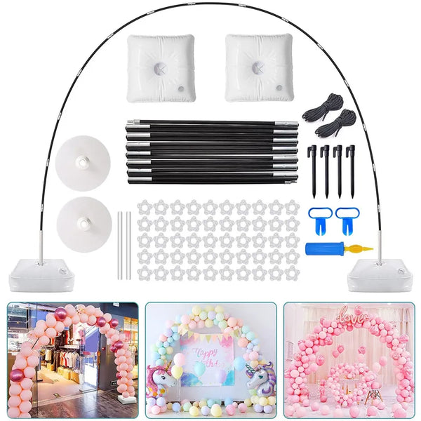 Reusable balloon arch kit showing various components including balloons, sticks, and a stand for party decorations