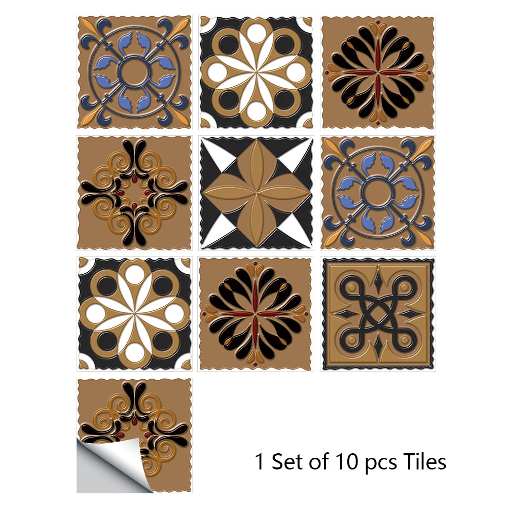 A set of ten decorative mandala tiles for peel and stick wall art